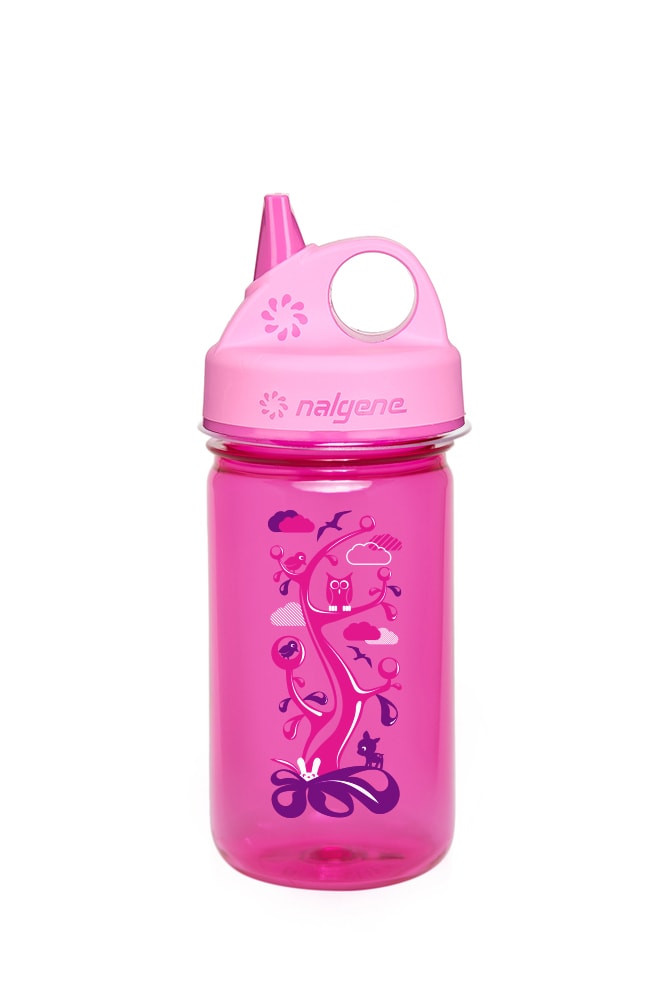 Nalgene's 12 ounce Kids Grip-N-Gulp bottle in Pink with Woodland Graphics