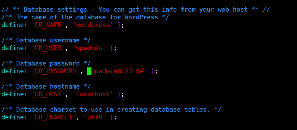 wordpress db details in wp-config.php